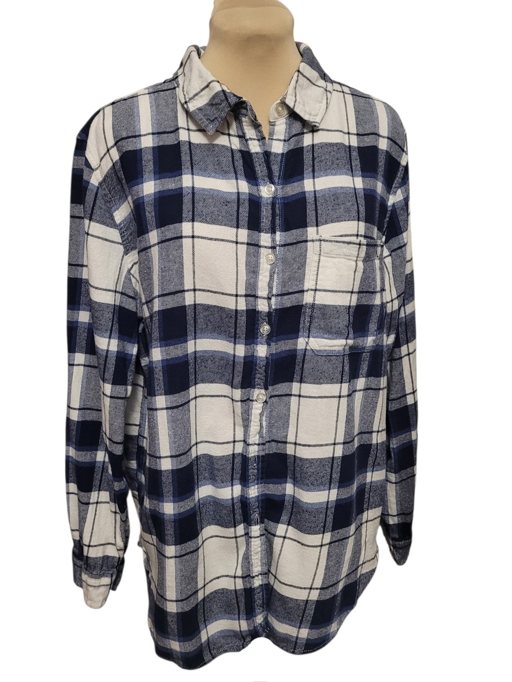 Women's Navy and White Plaid Button-Up Shirt